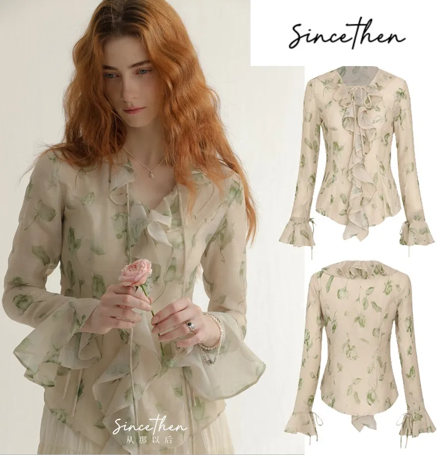 Since Then  |Flower Patterns Chiffon Long Sleeves Shirts & Blouses