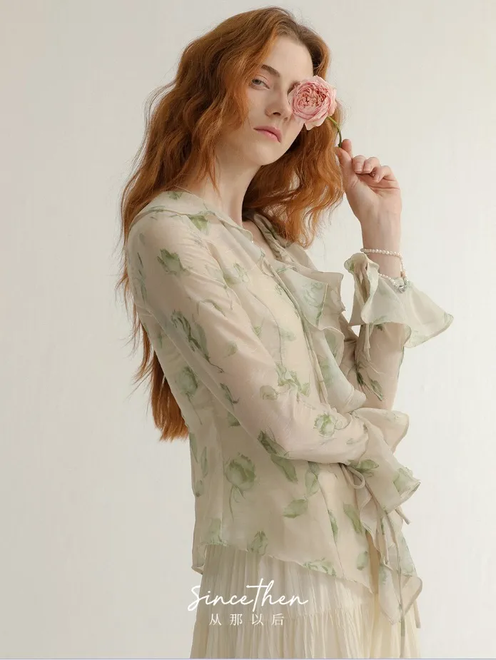 Since Then  |Flower Patterns Chiffon Long Sleeves Shirts & Blouses