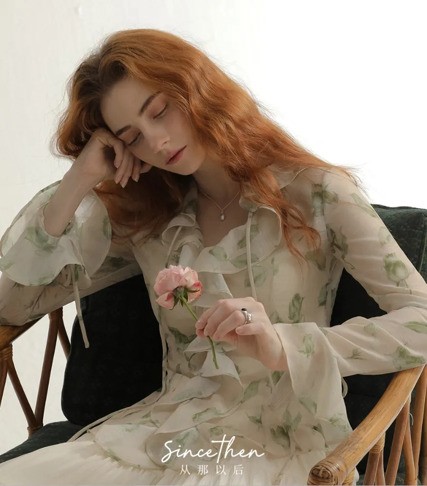 Since Then  |Flower Patterns Chiffon Long Sleeves Shirts & Blouses