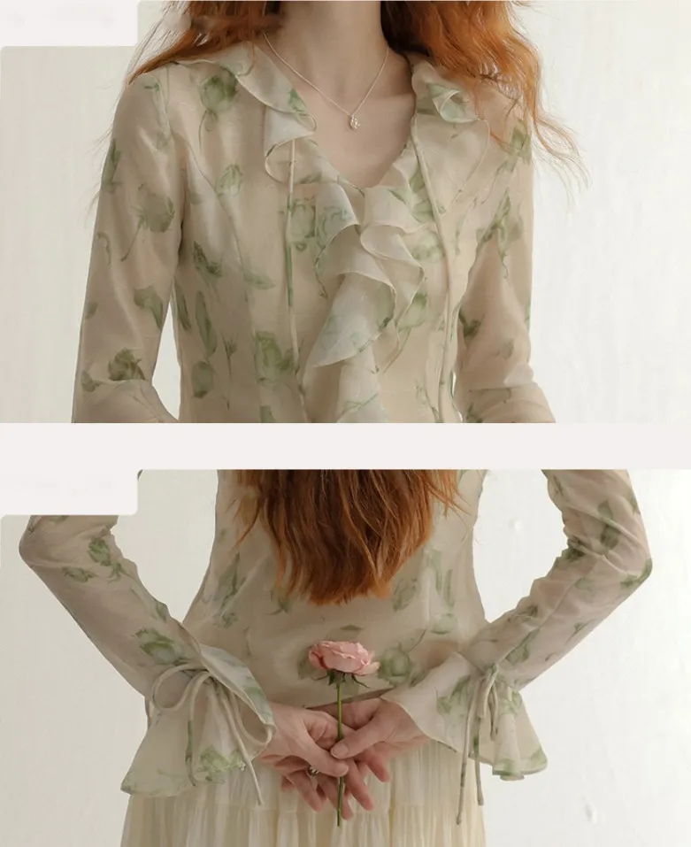 Since Then  |Flower Patterns Chiffon Long Sleeves Shirts & Blouses