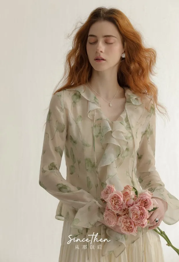 Since Then  |Flower Patterns Chiffon Long Sleeves Shirts & Blouses