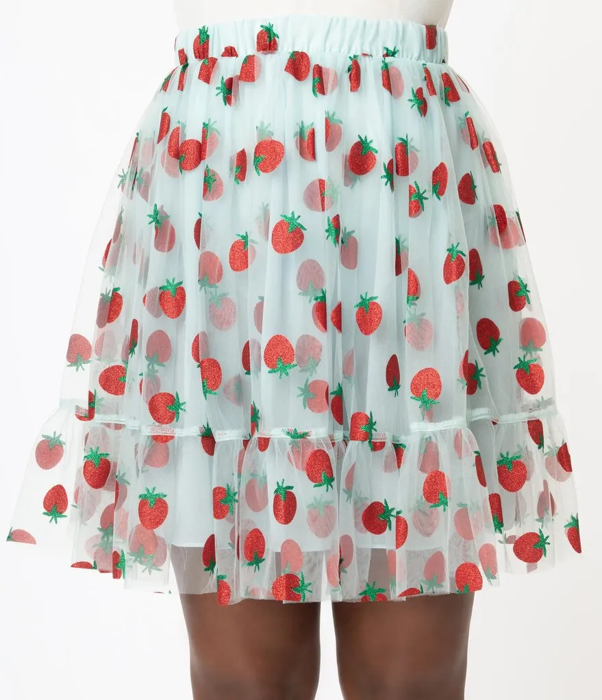 Smak Parlour Blue & Strawberry Print Twirl Power Skirt