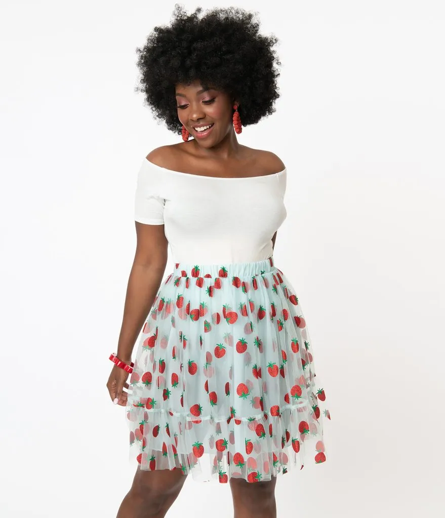 Smak Parlour Blue & Strawberry Print Twirl Power Skirt