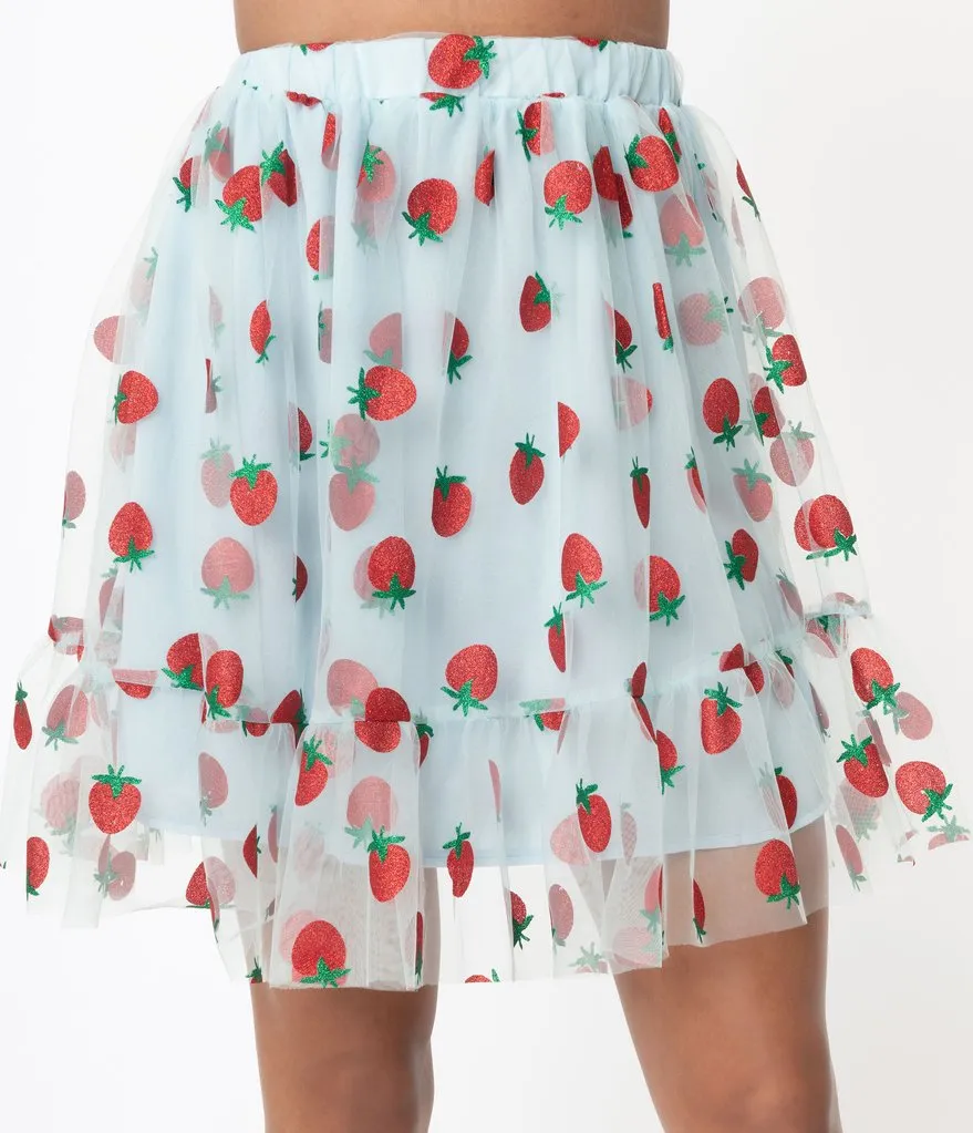 Smak Parlour Blue & Strawberry Print Twirl Power Skirt