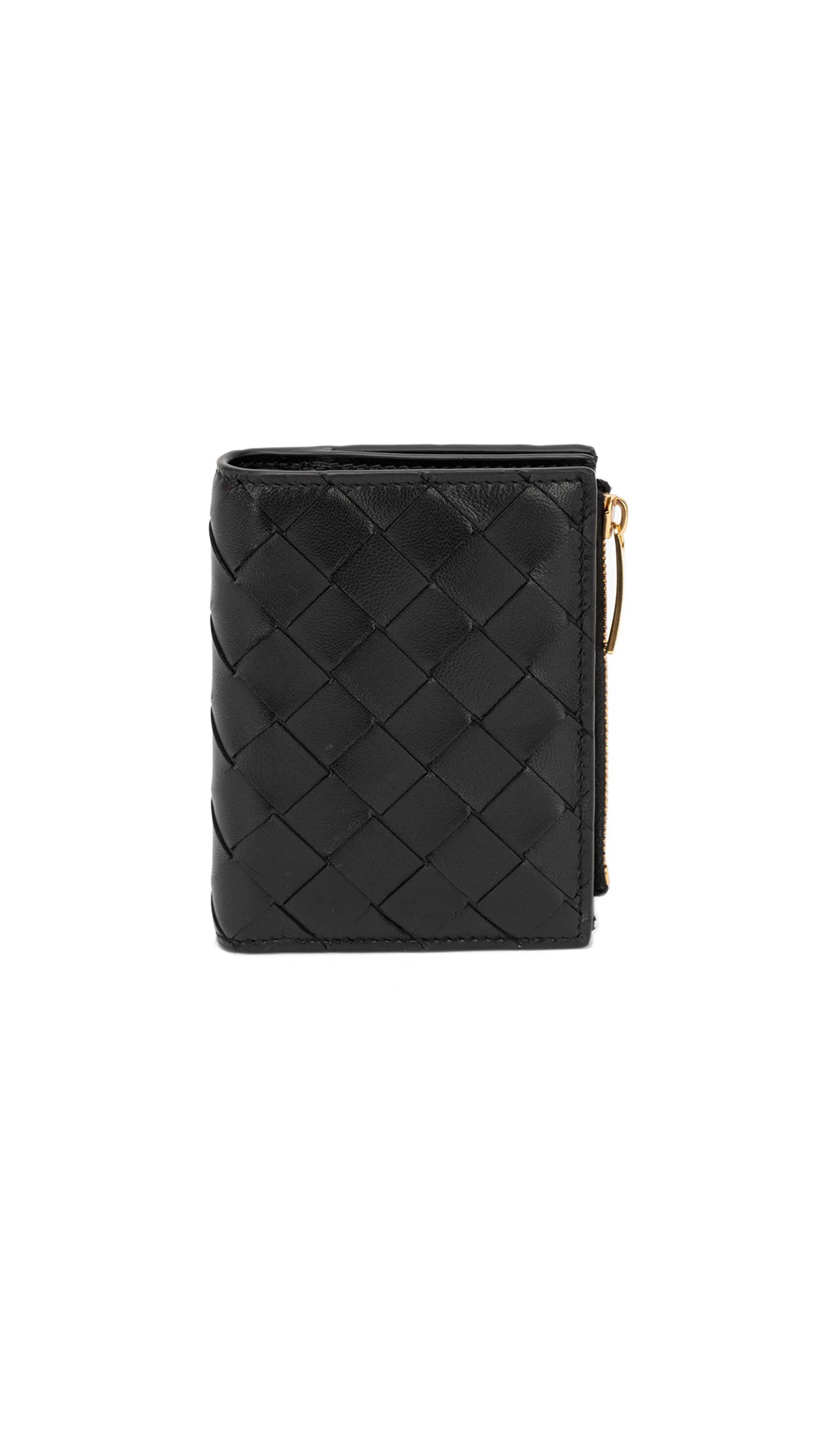 Small Intrecciato Bi-Fold Zip Wallet - Black