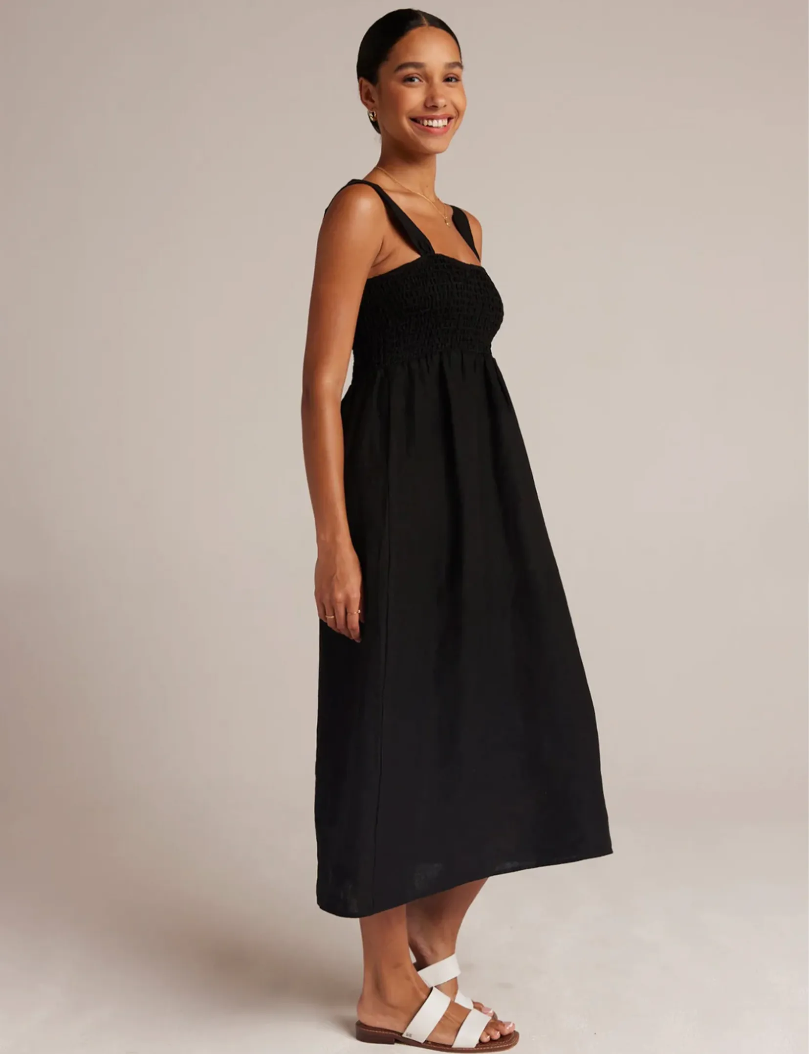 Smocked Bodice Midi Dress, Black