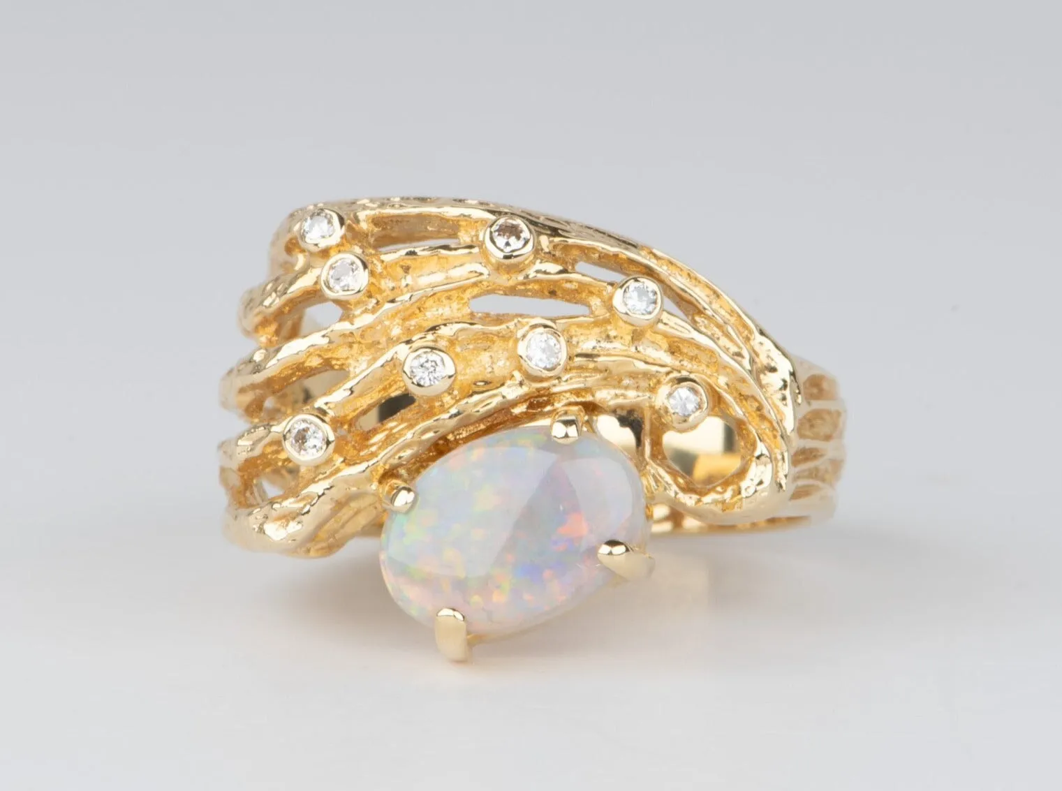 Solid Australian Opal Modernist Design 18K Gold Chunky Ring V1118