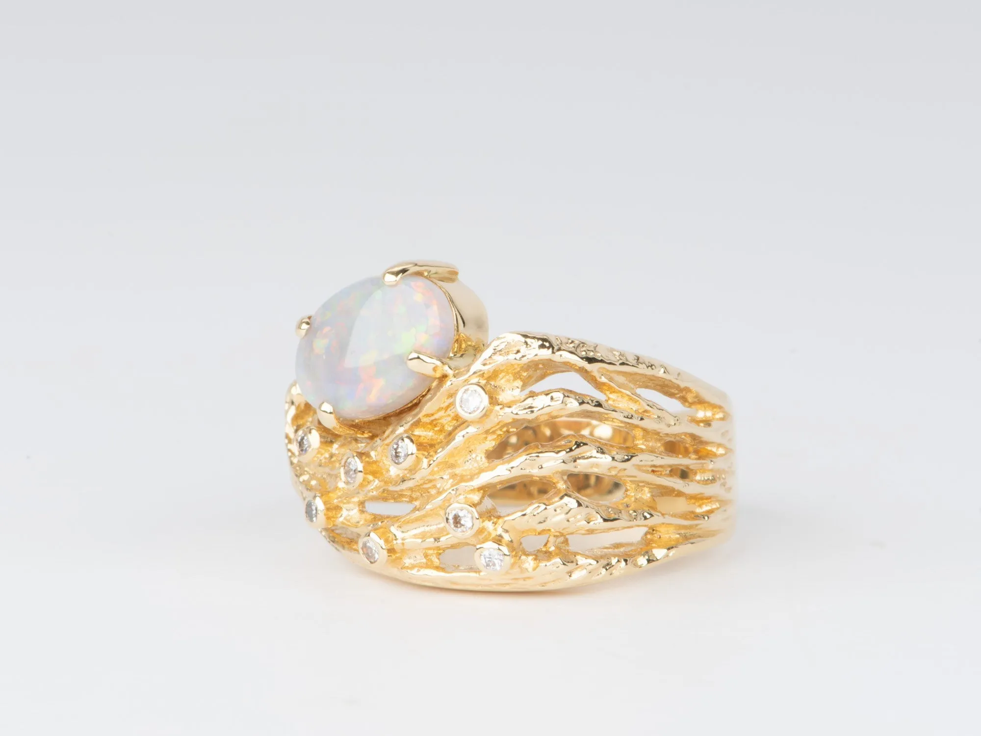 Solid Australian Opal Modernist Design 18K Gold Chunky Ring V1118