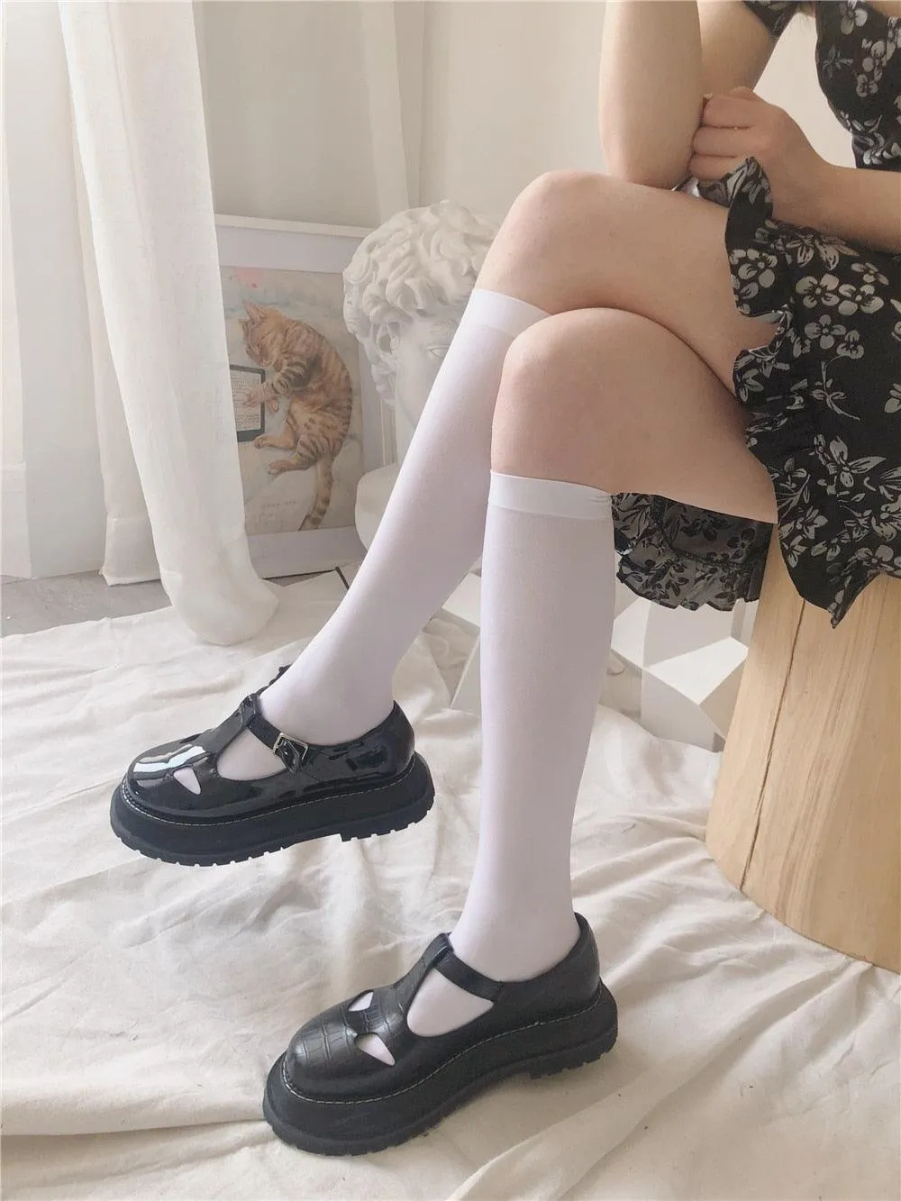 Solid Long Stockings Women Thigh Thin High Knee Socks