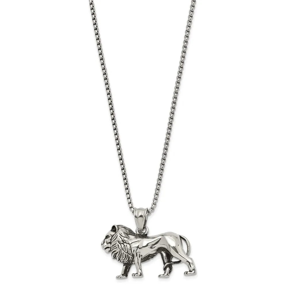 Stainless Steel Antiqued & Polished Lion Necklace, 25.5 Inch