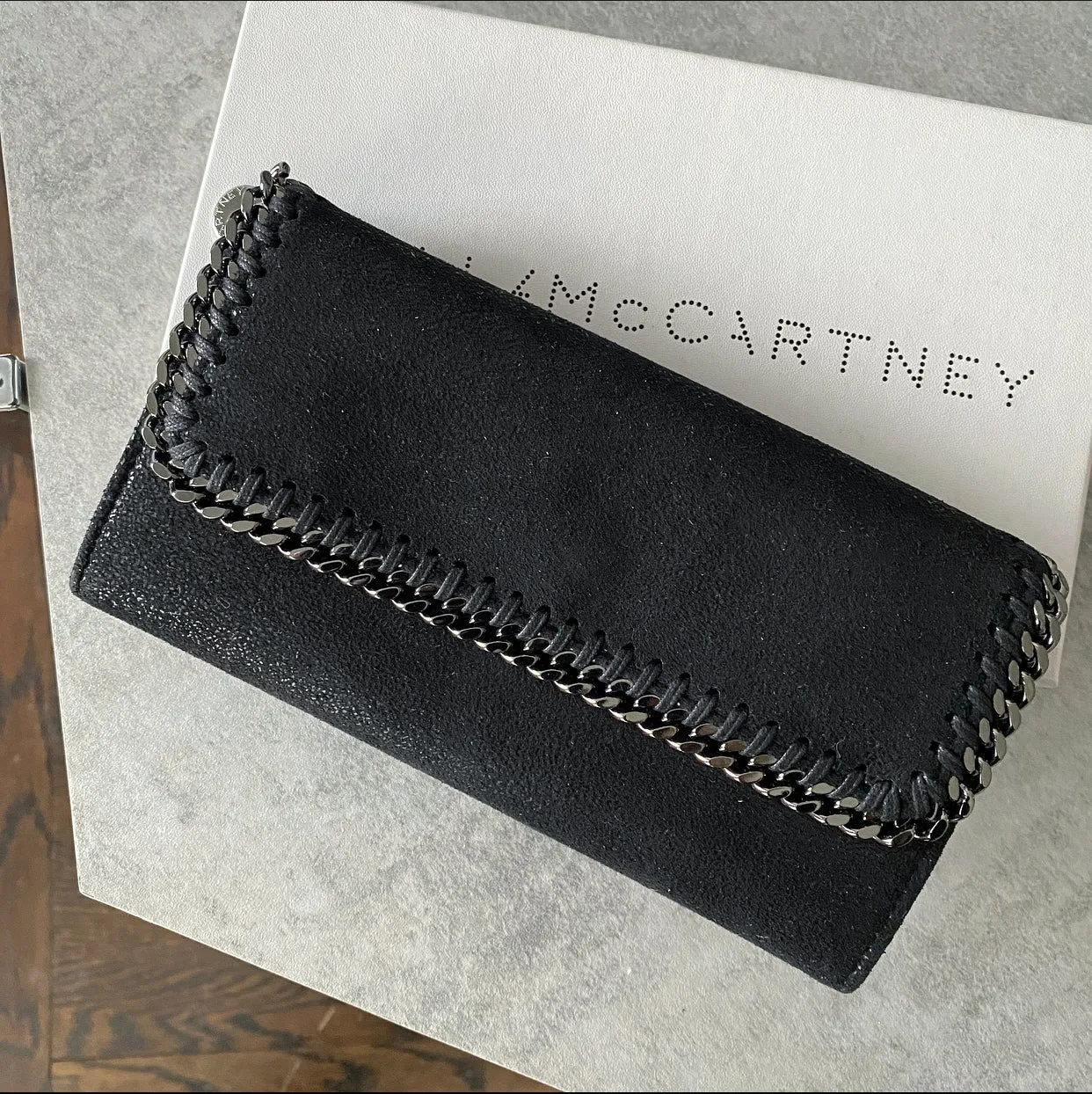 Stella McCartney Black Falabella Chain Trim Wallet