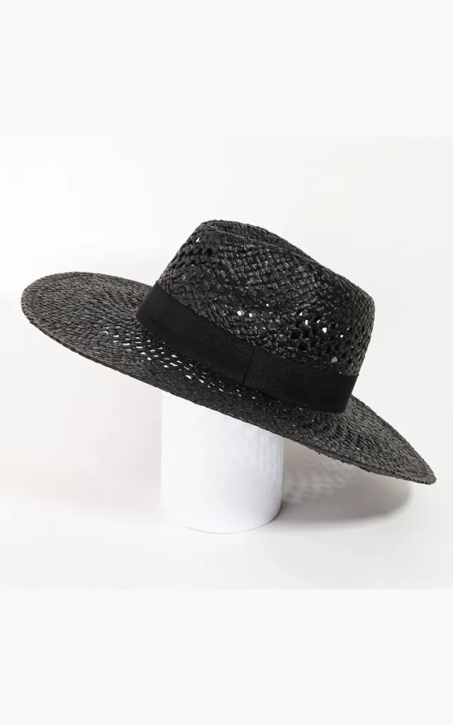 Stella Natural Straw Weave Flat Rim Fedora Sun Hat