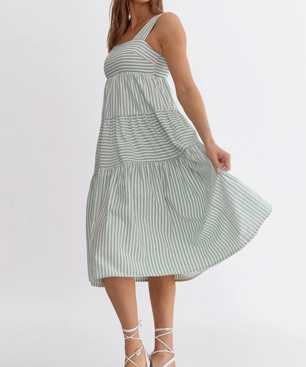 Stripe Square Neck Midi Dress - Green