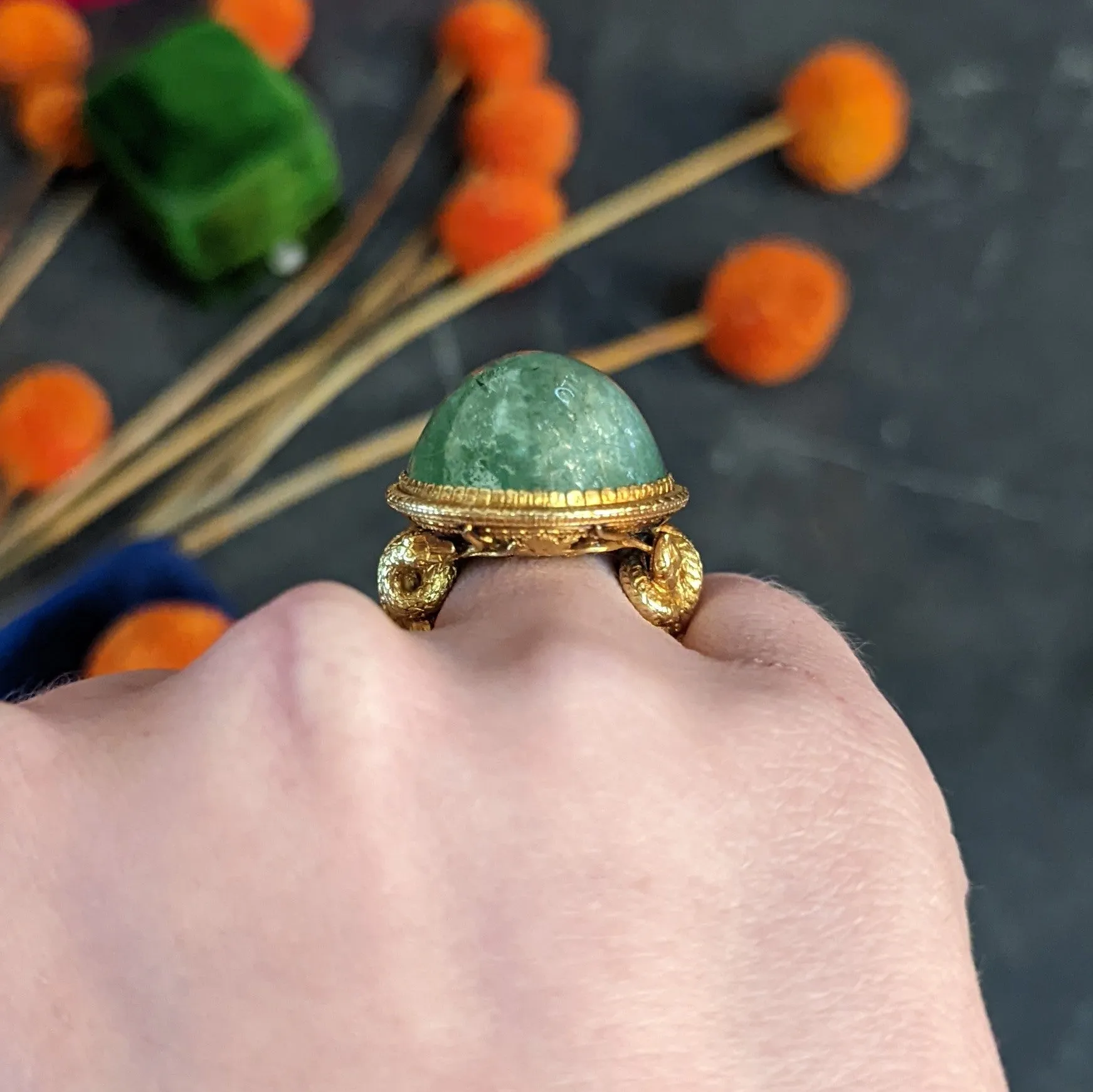 Substantial Emerald 22 Karat Gold Snake Gemstone Ring