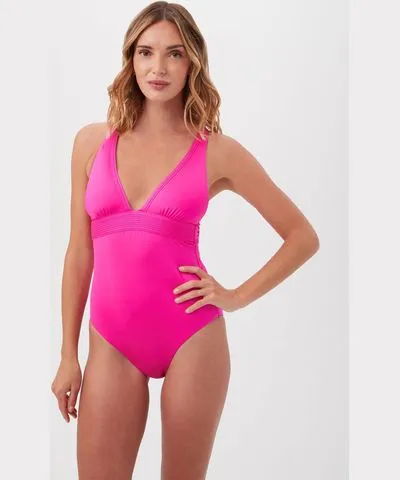 Trina Turk Monaco Pleated Plunge One-Piece Swimsuit With Strappy Back / Paradise Pink 14