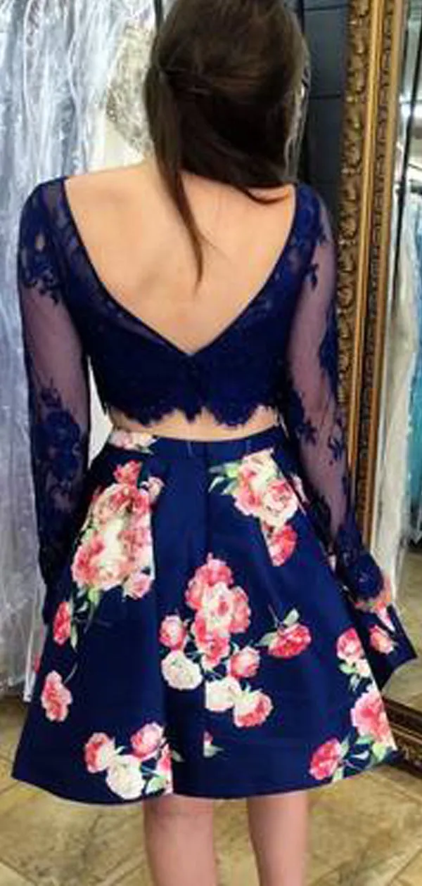 Two Piece Navy Lace Floral Satin Long Sleeve V-back Homecoming Dresses ,BD0193