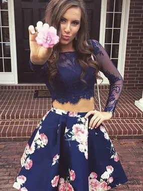 Two Piece Navy Lace Floral Satin Long Sleeve V-back Homecoming Dresses ,BD0193