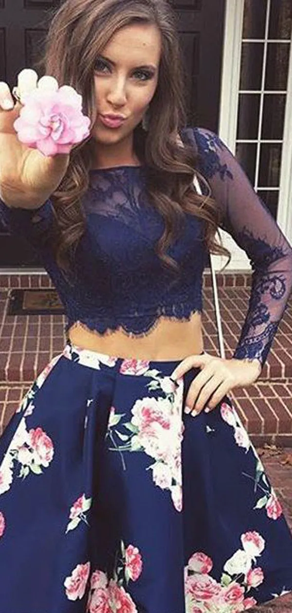 Two Piece Navy Lace Floral Satin Long Sleeve V-back Homecoming Dresses ,BD0193