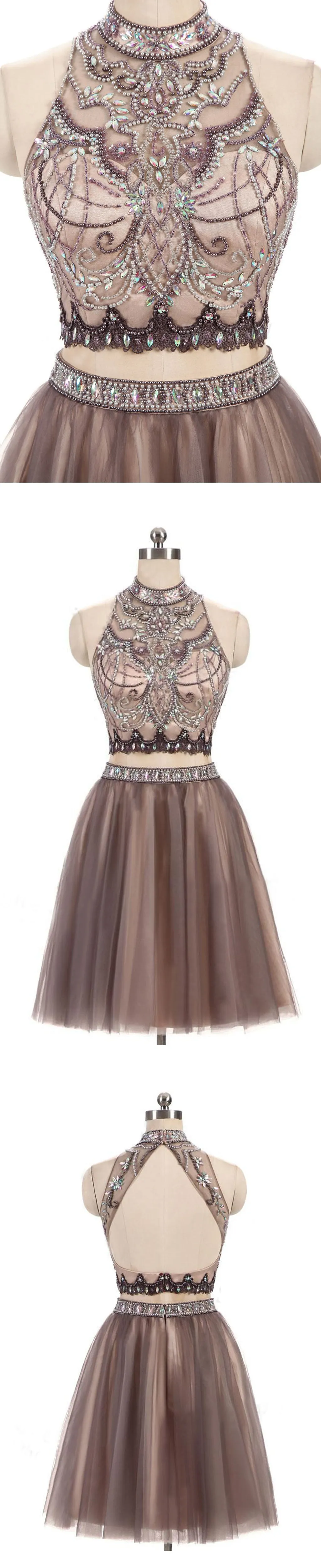 Two Pieces Gorgeous Beading High Neck Open Back Sleeveless Light Brown  Homecoming Dresses,BD0142