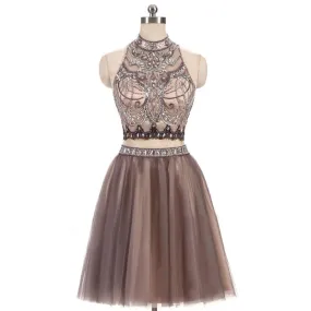 Two Pieces Gorgeous Beading High Neck Open Back Sleeveless Light Brown  Homecoming Dresses,BD0142