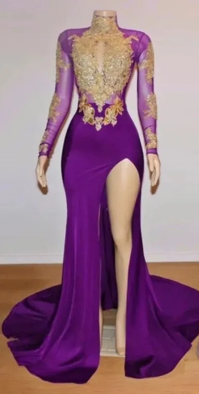 Unique Prom Dresses, Long Sleeve High Neck Beaded Split Prom Dresses