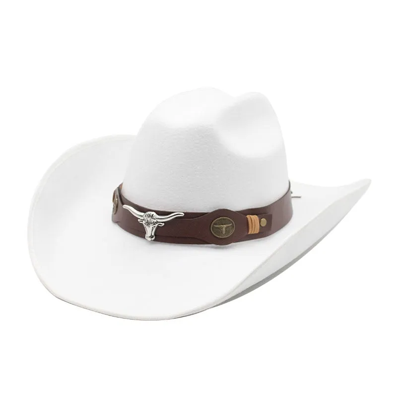 Unisex Formal Bull Head Decor Wide Brim Western Jazz Cowboy Hat