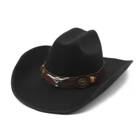 Unisex Formal Bull Head Decor Wide Brim Western Jazz Cowboy Hat