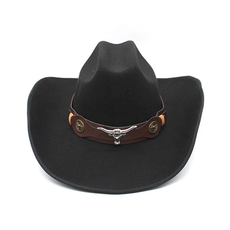 Unisex Formal Bull Head Decor Wide Brim Western Jazz Cowboy Hat