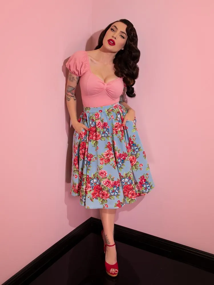 Vacation Swing Skirt in Vintage Blue and Red Rose Print (M and 2XL ONLY)