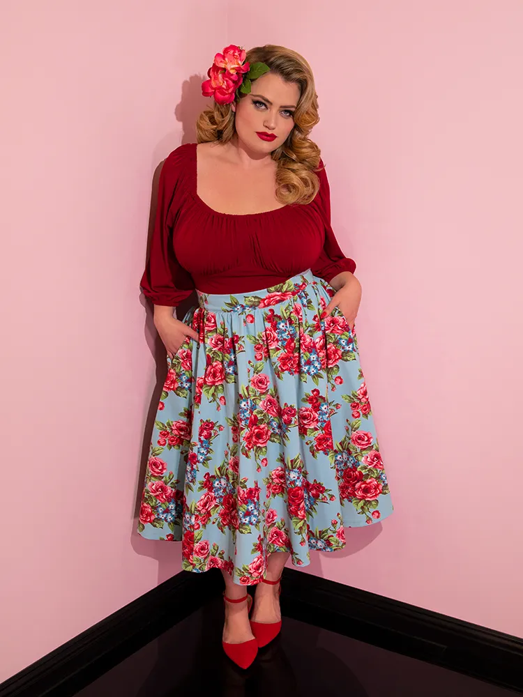 Vacation Swing Skirt in Vintage Blue and Red Rose Print (M and 2XL ONLY)