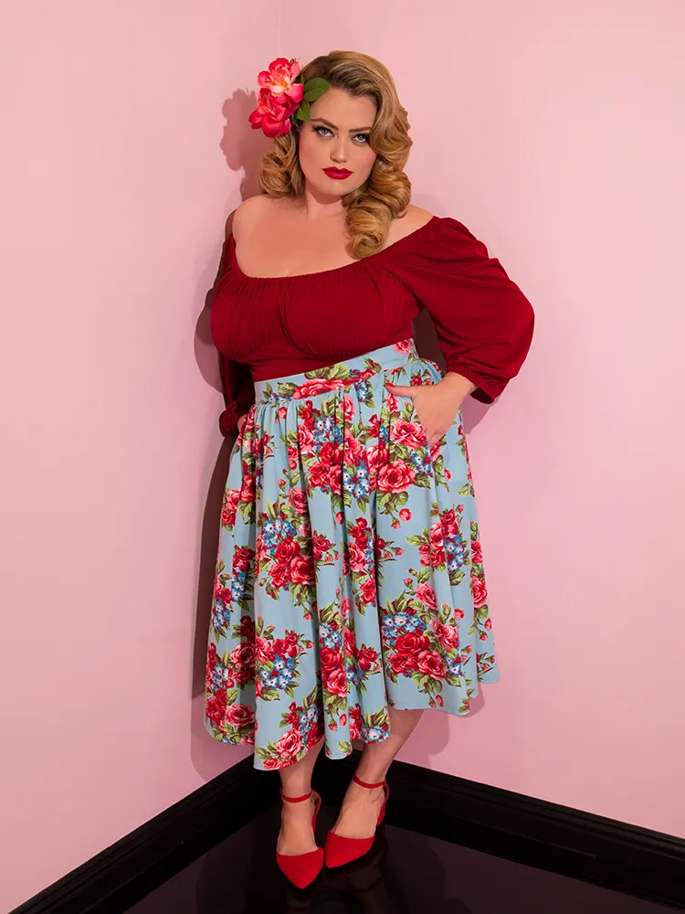 Vacation Swing Skirt in Vintage Blue and Red Rose Print (M and 2XL ONLY)