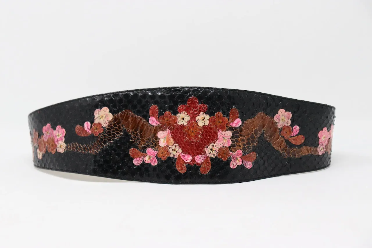 Vintage 70's Cherry Blossom Theme Snake Skin Belt