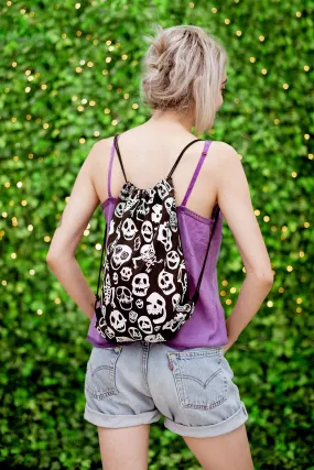 Vintage skull print drawstring backpack in black