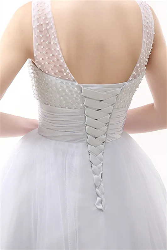 White Short Tulle Lace Knee Length Pearls Homecoming Dresses