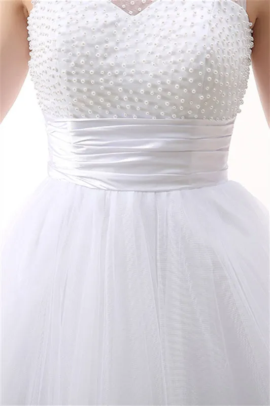 White Short Tulle Lace Knee Length Pearls Homecoming Dresses