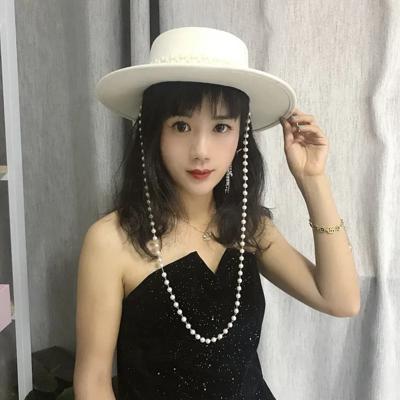 Winter Fashion White Wool Socialite Pearl Hepburn Style Fedora Hat