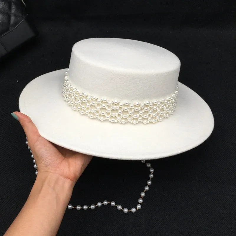 Winter Fashion White Wool Socialite Pearl Hepburn Style Fedora Hat