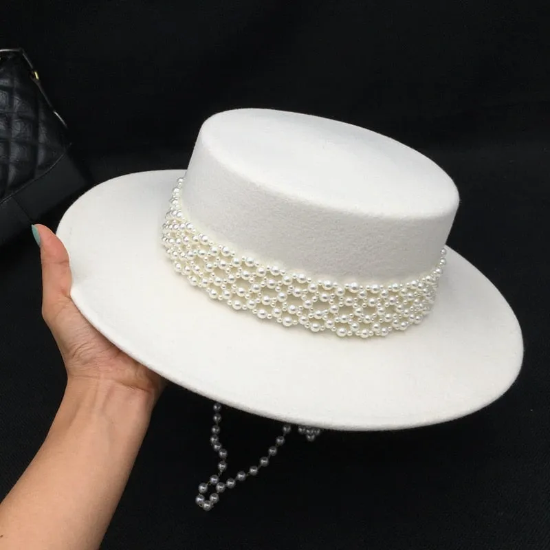 Winter Fashion White Wool Socialite Pearl Hepburn Style Fedora Hat