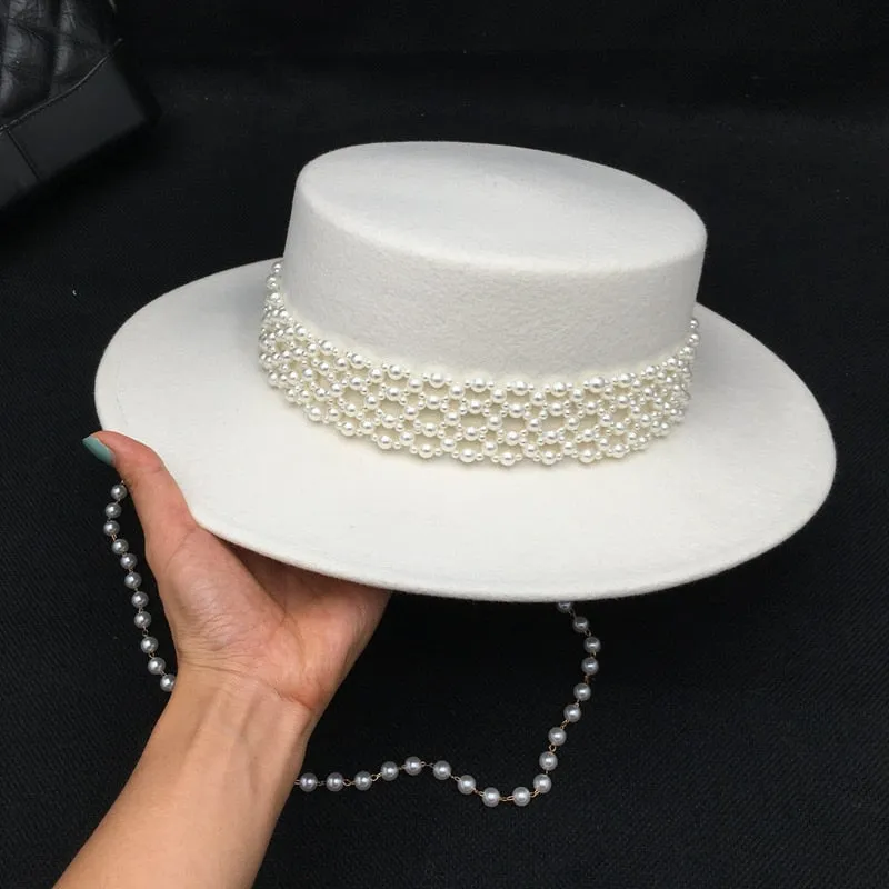 Winter Fashion White Wool Socialite Pearl Hepburn Style Fedora Hat