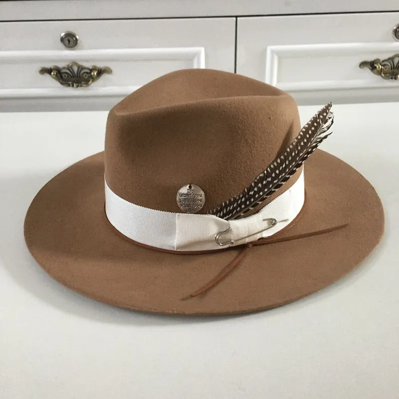 Women and Men Handcrafted Wool Fedora Hat with Pin Feathers