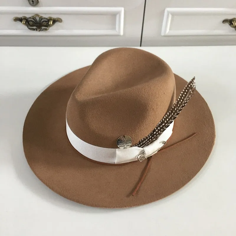 Women and Men Handcrafted Wool Fedora Hat with Pin Feathers