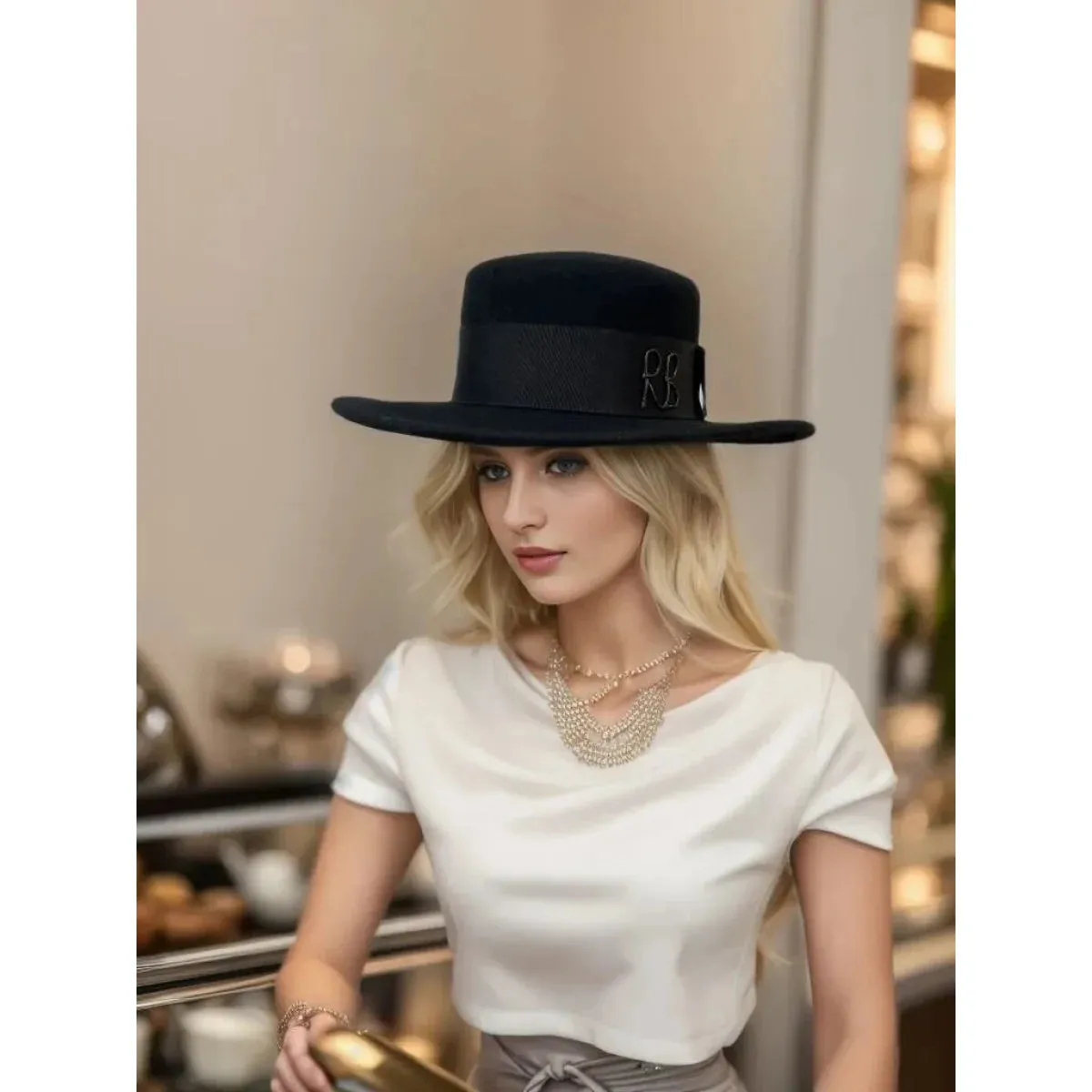 Women's Autumn Fashionable Black Wool Letter Pattern Outdoor Fedora Hat