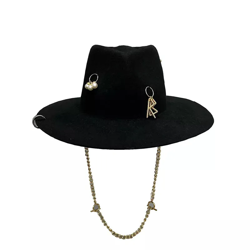 Women's Casual Winter Wool Letter Pattern Fedora Hat with Chain