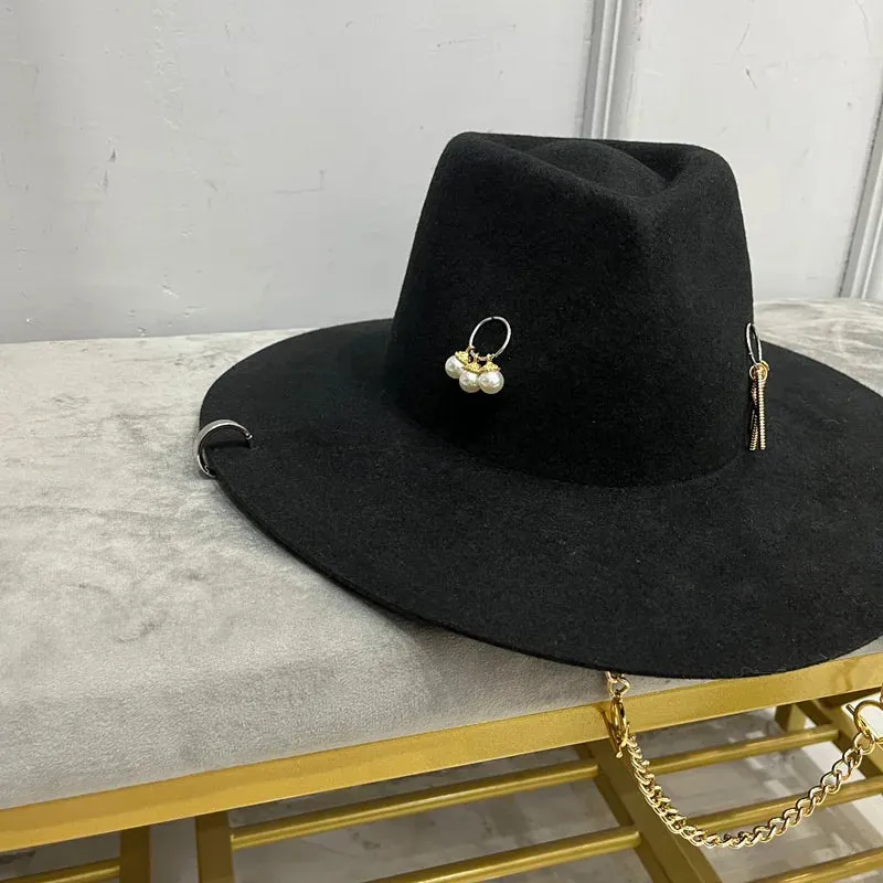 Women's Casual Winter Wool Letter Pattern Fedora Hat with Chain