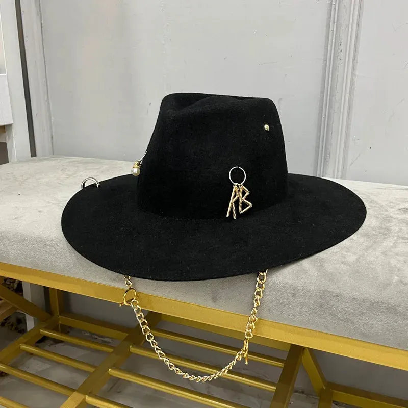 Women's Casual Winter Wool Letter Pattern Fedora Hat with Chain