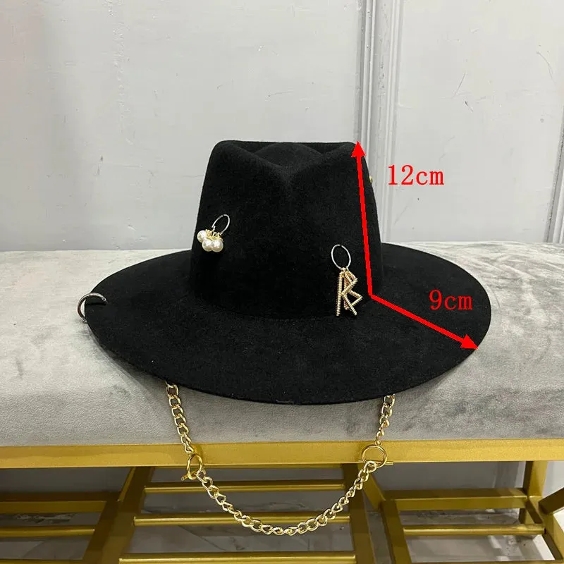 Women's Casual Winter Wool Letter Pattern Fedora Hat with Chain