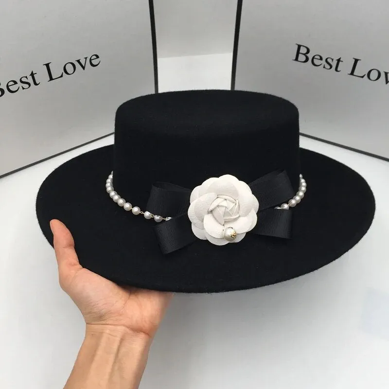 Women's Elegant Pearl Flower Black Wool Casual Flat Fedora Hat