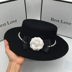 Women's Elegant Pearl Flower Black Wool Casual Flat Fedora Hat