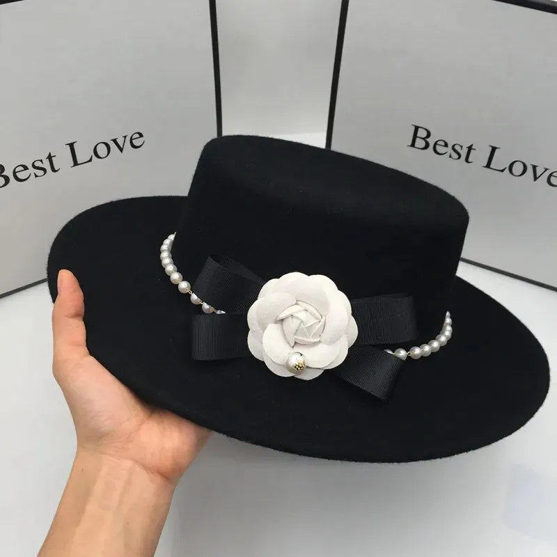 Women's Elegant Pearl Flower Black Wool Casual Flat Fedora Hat