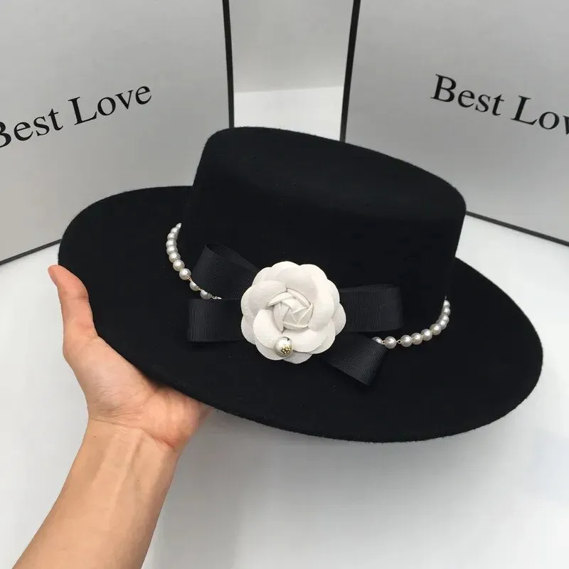 Women's Elegant Pearl Flower Black Wool Casual Flat Fedora Hat